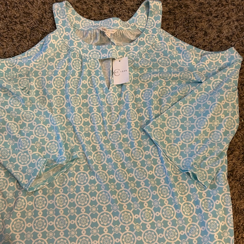 Cato Light Blue Patterned Cold Shoulder Blouse
